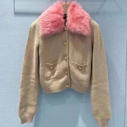 Vêtements d'hiver de luxe miu-m rose col en fourrure cardigan pull veste femme haut de gamme haut en tricot hiver