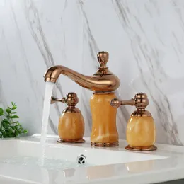 Bad Waschbecken Wasserhähne Luxus Roségold Messing Natural Jade Faucet Art Basin Mixer Gackt drei Löcher hochwertige Toilettenhahn--SM5380
