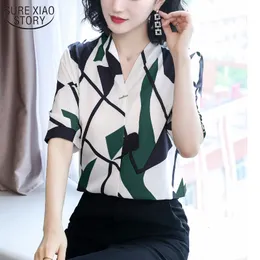 Women's Blouses Shirts Ropa De Mujer Summer Chiffon Blouse Irregular Printing Ink Korean V Neck Short Sleeve Geometric Printed Woman's Shirt 9772 230414
