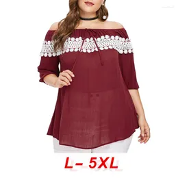 Damenblusen 2023 Sommer Slash Neck Half Sleeve Lace Chiffon Shirt Plus Size Kleidung für Damen Fashion Casual Stitching Garment