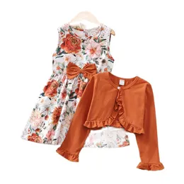 Girl's Dresses 47Years Little Clothes Suit Sleeveless Flower Princess Dress Solid Color Long Sleeve Top 2Pcs Costume Kids 230424