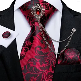 Bow Ties Fashion Red Floral Paisley Men Neck Tie Tie Clankerchief Brooch Chain 8cm Width Silk Jacquard Woven Business Wedding Dibangu