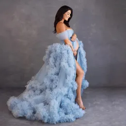 2024 licht Himmel Blau Prom Kleid Frauen Tiered Rüschen Abendkleid Vorne Split Flowy Tüll Kleider Schwangere Frau Fotografie Vestidos