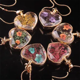 Naszyjniki wiszącego kształt serca lampwork szkło biżuteria aromaterapeutyczna na fiolkę butelkę suche kwiaty wisiorki naszyjnik Dhgarden dhhot
