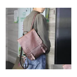 Backpack Men Leather Vintage For Teenager Laptop Pc Portable Bags Designer Boys Travel Thin School Luxury Mochila Drop Delivery Lage Dh1Hk