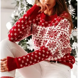 Suéteres femininos Natal para mulheres Snowflak Imprimir manga comprida O pescoço malhas casuais pulôver macio tops jacquard jumpers pull femme 231113