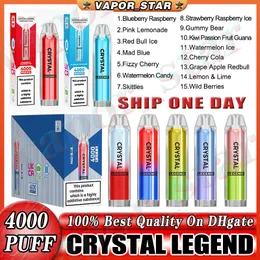 Crystal Legend 4000 Puffs descartáveis ​​e cigarros 1350mAh 2% Capacidade 12 ml com 4000 Puffs caneta de vape extra 100% de qualidade sopra 4000 vapores kit de atacado