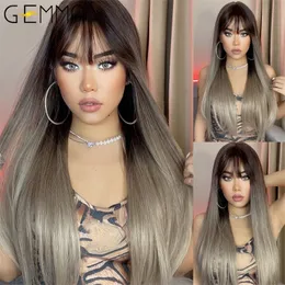 Synthetic Wigs GEMMA Long Straight Ombre Brown Gray Wig with Bangs for Women Cosplay Lolita Daily Party Heat Resistant Fiber 230413