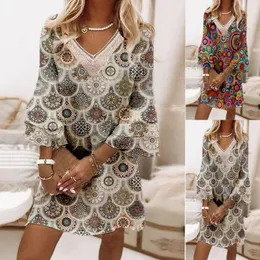 Casual Dresses Summer Womens Sexy Lace VNeck Mini Fashion Flare Half Sleeve Loose Elegant Print ALine S5XL 230414