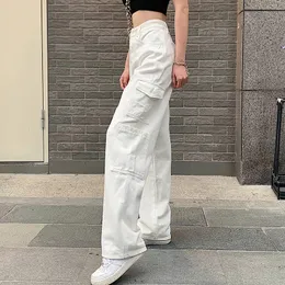 Women's Jeans Vintage Women Fashion White Blue High Waist Casual Jeans Loose Omighty Wide Leg Pocket Cargo Pants Solid Overalls Trouser 230413