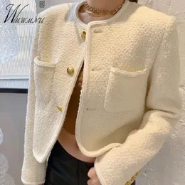 Womens Wool Blends Luxury Tweed Jacket Women Elegant Oneck Woolen Blend Coat Coat Corean Fashion