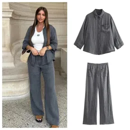 Pantaloni a due pezzi da donna PB ZA Inizio autunno Camicia di lino con decorazione tascabile avanzata e versatile Set di pantaloni casual a vita media sottile 231113