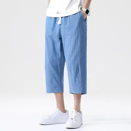 Gymkläder Men Linen Capri Pants Lätt lösa 3/4 Shorts Drawstring Elastic midja Baggy Wide Leg Casual Beach Yoga 8 år