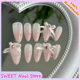 False Nails 10PCS Fake Nails Y2k Medium Length Almond Shape Pink Bow Designs Press On False Nails Small Rhinestones Decoration Nail Tips Q231114