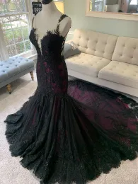 Vintage Purple and Black Mermaid Wedding Dresses Gothic Lace Appliques Pärled Sheer Neck Long Train Boho Bridal Gown Robe de Mariage 2023