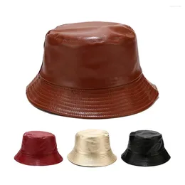 Berets Unisex Bucket Hat Waterproof Solid Color Reversible Sun Cap Faux Leather Flat Top Fisherman For Daily Wear