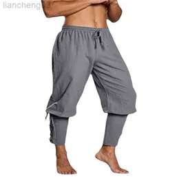 Męskie spodnie koronkowe bandaż bawełniane spodnie mężczyzn średniowieczny pirat wikingowy przychodzi larp luźne spodni capris workie tkane joggery dla dorosłych W0414