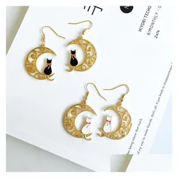 Charm Cute Animal Cat Shape Earrings Black White Lovely Hollow Moon Pendant Earring Ear Stud Fashion Jewelry Accessories Drop Dhgarden Dhdg8