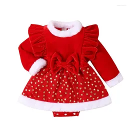 Abiti da ragazza Natale Neonate Pagliaccetto Velluto rosso Volant in pile Stella Stampata Fiocco Tuta Anno di nascita Costume 0-24M