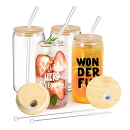 Armazém local dos EUA Navio em 24H 16oz Canecas de vidro de sublimação Copo em branco com tampa de bambu Lata de cerveja fosca Óculos Tumbler Mason Jar Plástico Palha I1114