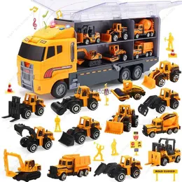 Diecast Model Cars 13 in 1 Construction Truck Truck Truck Oper Transporter Car Set Pregavator Dump Truck Digger Backhoe for Boys Kids Giftsl231114