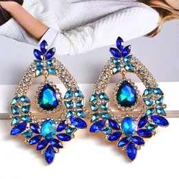 Factory Outlet Grandes Boucles d'Oreilles en clip pour femme pendelende fleur bleu vert strass bijoux de ix