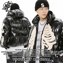 Men S Down Parkas Men Winter Hooded Parka Bright Jacket Hip Hop Skeleton Flocking Street Harajuku厚い暖かいパッド入りコートゆるい風の根源ユニセックス231114