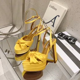 Aquazzura cupid düğümlü saten platform sandalet ayak bileği kayış blok topuk kadın lüks tasarımcı yüksek topuklu pompalar deri akşam partisi düğün ayakkabıları fabrika ayakkabı