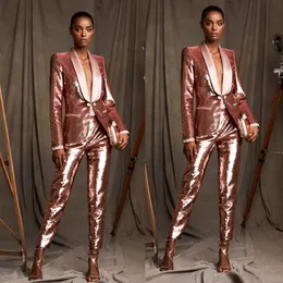 Rose Gold Carzy Kobiety Suits 2 szt. Spodnie Blazer Blazer Spodnie Czerwony dywan Formalny impreza Sukienka balowa