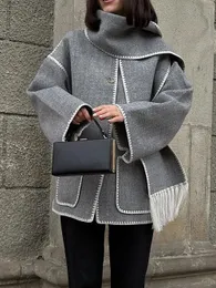 Women's Wool Blends Women's Loose Coat With Scarf Autumn Winter Long Sleeve Pocket Single Breasted Female Coats Fashion Lady Street Jackets 231113cj
