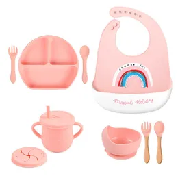 Koppar rätter redskap 4/6/8 st baby mjuk silikonplatta set mat klass non-halp middag tallrik kopp sked gaffel set bpa gratis barn matar servis AA230413