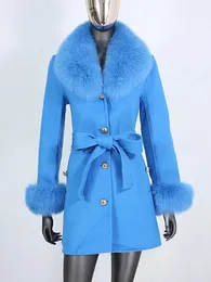 Women's Fur Faux BLUENESSFAIR Real Coat Winter Jacket Women Natural Collar Cuffs Belt Cashmere Wool Woolen Outerwear Streetwear 231114