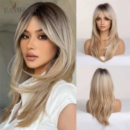 Synthetic Wigs Easihair Brown to Blonde Ombre Synthetic Wigs Long Wavy Layered with Bangs for Women Cosplay Natural Hair Heat Resistant 230227