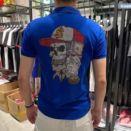 Polos masculinos Crânio Street Style Manga Curta Lapela T-shirt Algodão Strass Luxuoso Design Azul Tees Verão Moda Desgaste Roupas S-3XL