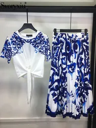 ツーピースドレスSVORYXIUデザイナーサマーヴィンテージブルーと白の磁器プリントスカートスーツ女性用半袖TSHIRTELASTIC WAIST HALD 230413