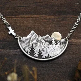 Pendant Necklaces Adventure Awaits Mountain Landscape Necklace Gold Color Sun Flying Bird And Pine Trees Women Fashion Jewelry