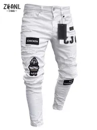 Mäns byxor herr stretchy rippade magra broderade jeans herr vita byxor förstörda hål smala fit denim högkvalitativa hiphop män byxor 230414