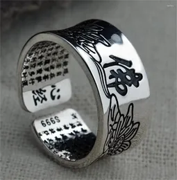 REARS CLUSTER REAL 925 Silver Lotus Buddha Heart Sutra Lucky Open Resixable S925 Solid Thai Ring for Woman Man Gift Jewelry