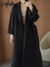 Mulheres misturas de lã lapela solta casaco de lã laceup jaquetas elegantes outwears casaco longo outono roupas femininas outono cor sólida 231113