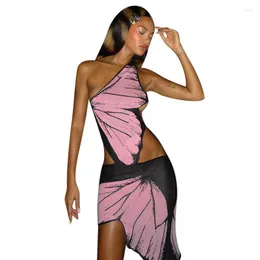 Freizeitkleider Schmetterlingsdruck Ausgeschnittenes Kleid Eine Schulter Rückenfrei Ärmellos Mini Damen Sexy Party Club Mode Outfits Paty Prom