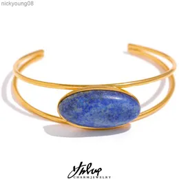 Charm Bracelets Yhpup New Natural Stone Lapis Lazuli 스테인레스 스틸 커프 팔찌 18K 금 도금 방수 패션 여성 파티 Charm Jewelryl231114