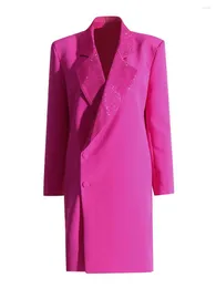 Women's Jackets Pink Party Solid Patchwork Diamonds Elegant Blazers For Women Notched Collar Long Sleeve Spliced Single Breasted