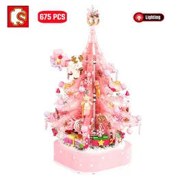 Blocos sembo rosa cristal árvore de natal construção diy luz caixa de música montagem tijolos brinquedos para meninas amigos presentes 231114