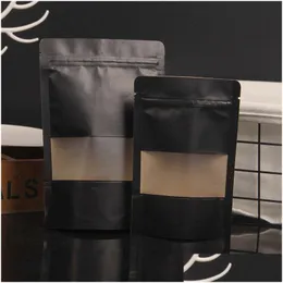 Förpackningspåsar 4 Size Black Kraft Paper Frosted Window Bag Stand Up Snack Cookie Tea Coffee Packaging Xmas Gift Pouch LX Drop Delivery DHAPN