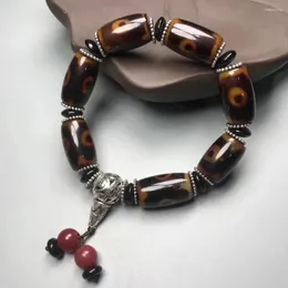 Аукционный браслет из натурального агата, трехглазые небесные бусины, тибетский серебряный браслет с головой Будды и ретро-этническим стилем, мужские бусины-ведра