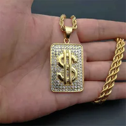 Naszyjniki wisiorek Hiphop dolara amerykańskiego pieniądze wisidanty męskie stal nierdzewna losowana bling sześcienna cyrkonia biżuteria biodra hopowa biżuteria