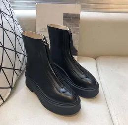 Raden slät läder fotled chelsea stövlar plattform blixtlås slip-on rund tå block klackar platt kilar stövlar chunky boot för kvinnor fabrik F00032