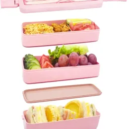 Bento-Box für Erwachsene, 3 Schichten, auslaufsicher, Weizenstroh-Bento mit Utensilien, Mahlzeitenzubereitungs-Lunchbehälter, mikrowellen- und spülmaschinenfeste Bento-Boxen (Grün, Rosa, Beige)