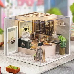 Acessórios para casa de boneca Cutebee DIY Dollhouse Kit com móveis e cafeteria leve Casa de boneca em miniatura brinquedo de modelo de madeira para presentes de aniversário adultos 231114