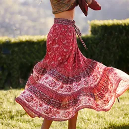 Юбки Teelynn Red Midi юбка для женской пляжной одежды для завязки на талии A-Line юбка из цветочной печати летняя юбка цыганка длинные бого юбки Falda 230414
